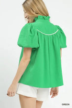 Green umgee textured puff sleeve blouse with ruffled collar and short puffed sleeves in textured fabric