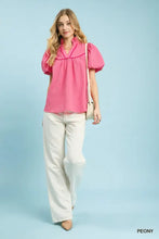 Pink umgee textured puff sleeve blouse featuring gathered neckline and soft textured fabric for elegant wear
