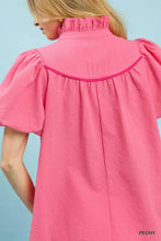 Umgee textured puff sleeve blouse in vibrant pink peony pattern with ruffled high neckline and puffed short sleeves