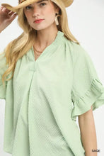 Umgee textured ruffle sleeve blouse in light sage green with textured ruffle fabric and smocked neckline detail