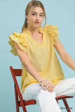 Yellow umgee textured ruffle sleeve v-neck blouse with ruffled top and textured fabric for stylish wear