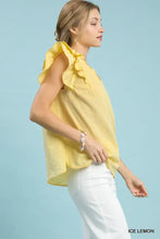 A vibrant yellow sleeveless blouse with textured ruffle sleeve details and a v neck by Umgee