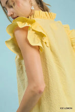 Umgee vibrant yellow sleeveless blouse with textured ruffle sleeve and layered ruffled shoulders in breathable fabric