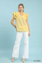 Yellow umgee textured ruffle sleeve v-neck blouse with ruffle sleeves and textured fabric short-sleeve top