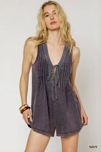 Umgee tie front sleeveless romper in navy blue with deep v-neckline