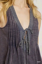 Umgee tie front sleeveless romper in navy blue with deep v-neck