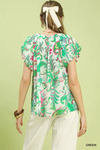 Green umgee tropical paisley puff sleeve blouse with puffed short sleeves and gathered back neckline shown from back
