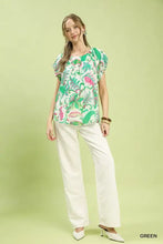 Umgee tropical paisley puff sleeve blouse in green floral print with puff sleeves and a relaxed fit