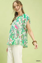 Umgee tropical paisley puff sleeve blouse in vibrant green and pink floral print with ruffled short sleeves