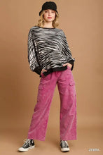 Umgee zebra striped fleece pullover sweater shirt in black and white with long sleeves and ribbed cuffs and hem