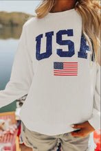 White USA flag corded long sleeve sweatshirt with ribbed knit top