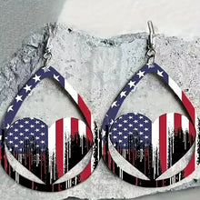 Teardrop US flag pattern wooden earrings with heart motifs