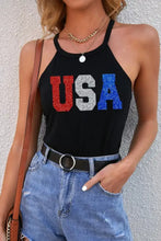 Black usa grecian neck cami halter top with red white and blue glitter lettering neck cami for patriotic style