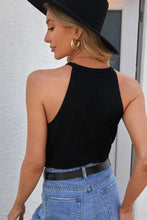 Black halter neck cami with cutout back design featuring usa grecian neck style for stylish summer wear