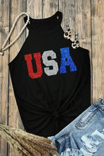 Black usa grecian neck cami halter top with red white and blue glitter lettering on front