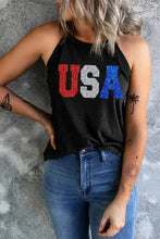 Black usa grecian neck cami tank top with red white and blue glitter lettering neck cami for patriotic wear