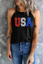 Black halter neck cami with glittery red white and blue usa lettering usa grecian neck cami design