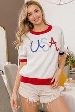 USA Metallic Letter Color Block Knit Top for Women WHITE RED
