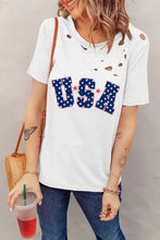 Distressed white USA round neck short sleeve t-shirt with blue red stars