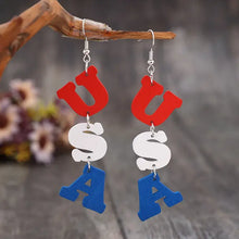 USA wooden letter dangle earrings in red, white, and blue