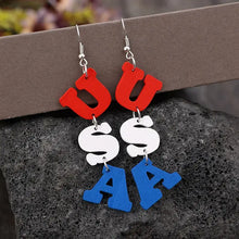 USA wooden letter dangle earrings in red, white, and blue