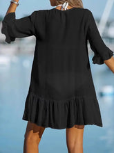 Black ruffle-hem V-neck beach cover up dress with bell sleeves