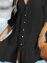 Black button-down short-sleeved ruffled V-neck beach cover up tunic