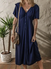 V Neck Buttoned Front Shirred Back Short Sleeve Midi Dress Woman Casual Dress
