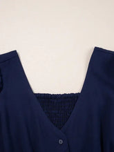 V Neck Buttoned Front Shirred Back Short Sleeve Midi Dress Woman Casual Dress