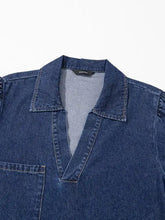 Denim dress with v neck collar long sleeve and single chest pocket in classic blue wash finish