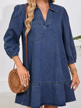 Blue denim dress with v neck collar long sleeves and single chest pocket a classic long sleeve denim dress design