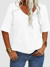 Casual white V-neck dropped shoulder half sleeve t-shirt with moderate stretch