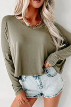 Olive green long-sleeve V-neck dropped shoulder crop top t-shirt