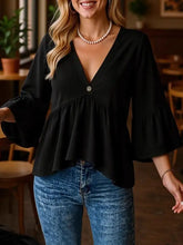 Black v-neck flounce sleeve blouse with bell sleeves and peplum hem featuring elegant neck flounce design