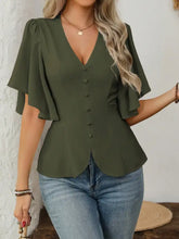 Olive green v-neck blouse with neck flutter sleeves and button-down front for elegant casual wear