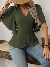 Olive green v neck blouse with neck flutter sleeves and button-down front for stylish casual wear