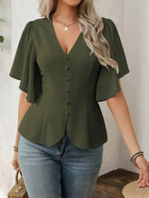 Olive green v neck flutter sleeve blouse with flared short sleeves and button down front for casual wear