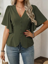 Olive green v-neck blouse with neck flutter sleeves and button-down front perfect for casual wear