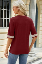 Maroon V-neck half sleeve T-shirt with white lace trim cuffs
