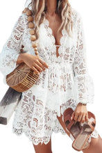 Sheer white lace V-neck long-sleeve cover-up dress with cinched waist