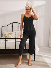 Black satin v neck lace trim slit cami and pants pajama set with scalloped hem and adjustable strap length