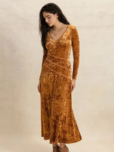 V-Neck Long Sleeve Midi Dress Gold Casual Dresses