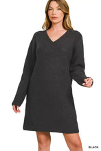 Black v-neck long sleeve ribbed sweater dress