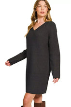 V-neck long sleeve ribbed sweater dress in dark gray