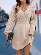 V-neck long sleeve sweater dress in beige with leaf pattern and high-low hem