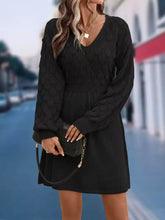 Black cable-knit V-neck long sleeve sweater dress