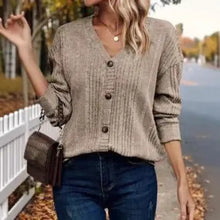 Slightly stretchy long sleeve ribbed button-front V-neck cardigan