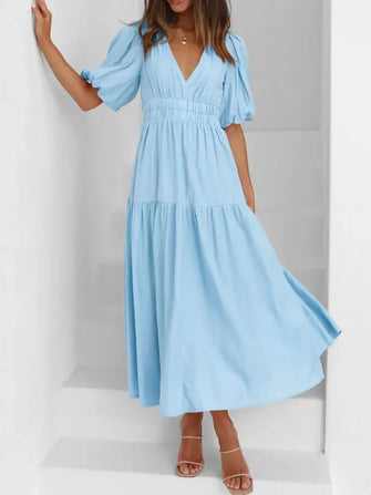 V-Neck Puff Sleeve Midi Dress Light Blue Casual Dresses