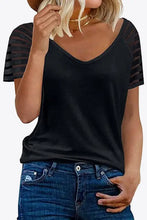 Womens black V-neck raglan sleeve tee with sheer striped short sleeves