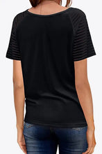 Black V-Neck Raglan Sleeve Tee with Striped Mesh Sleeves